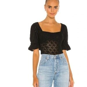 Free People Black Lace Square Neck‎ Puff Sleeve Cropped Top M